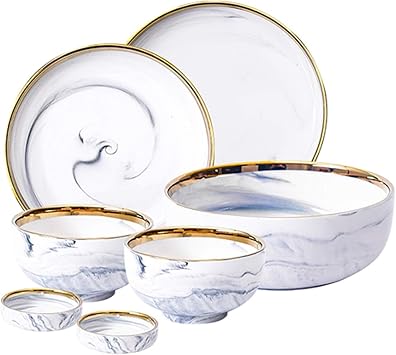 Dinner Plate 7-Piece Kitchen Dinnerware Set Gold Edge Marble Plates Set Round Ceramic Dinner Plate Sets, Plates Bowls and Sauce Plates, Service for 2 Tray