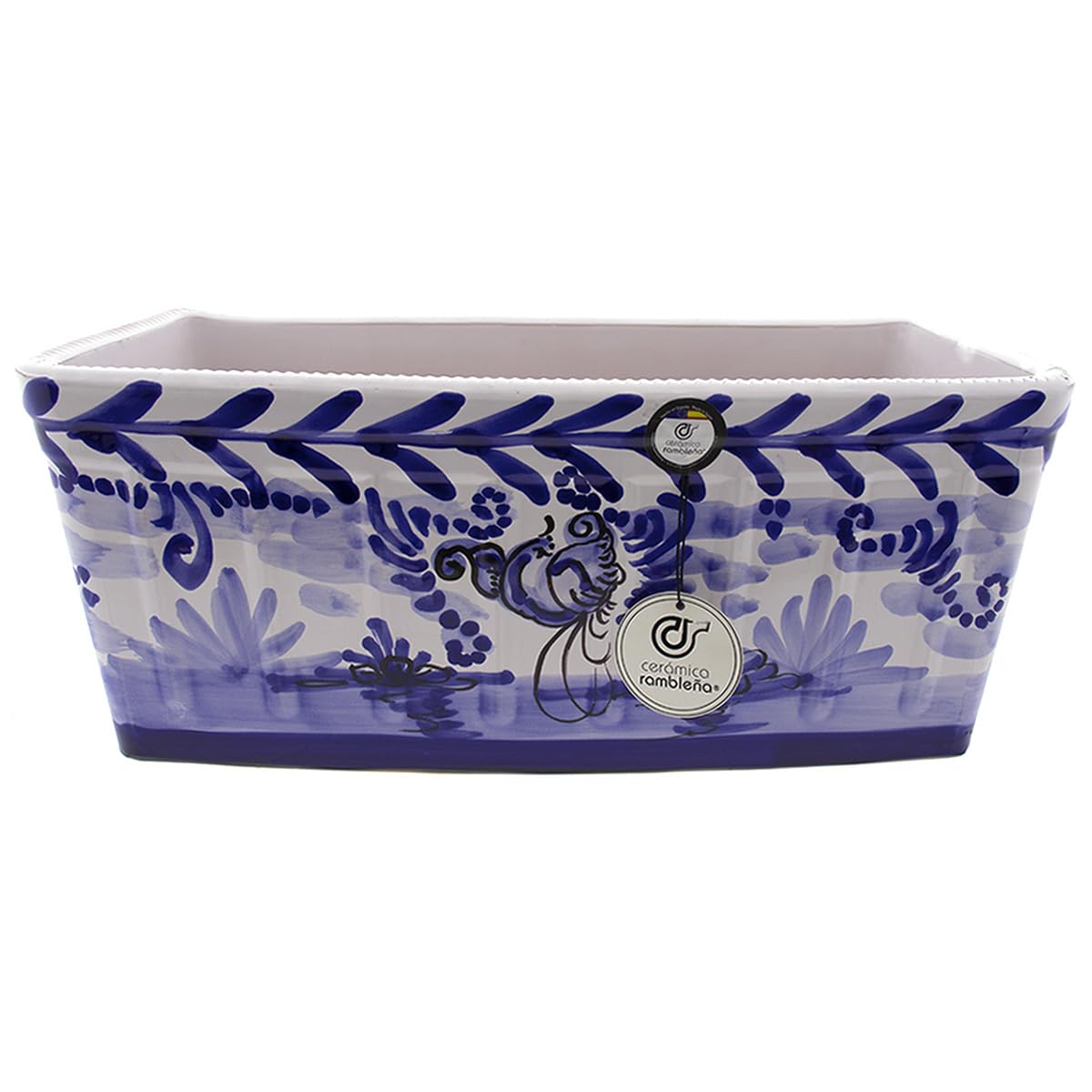 CERÁMICA RAMBLEÑA | Jardinera Rectangular Exterior Decorado Montería Azul - Modelo J02 | 100% Decorada a Mano | Para Balcón | 41x19x18 cm