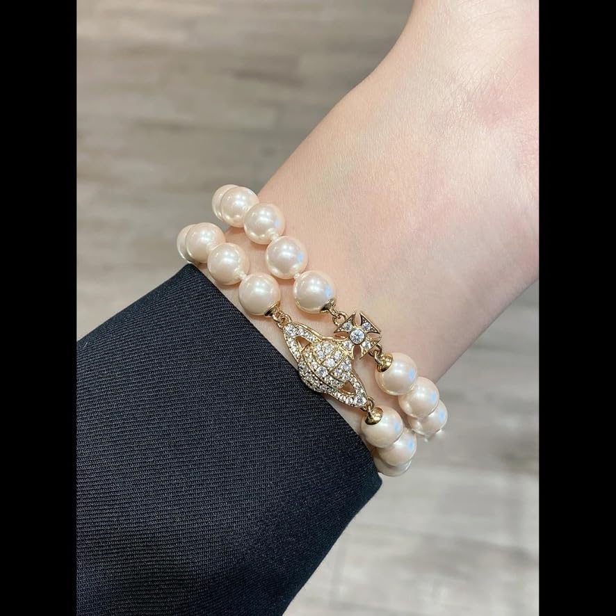 Double-Layered Pearl Saturn Bracelet for Women – Handmade Shining Crystal Quartz Planet Jewelry