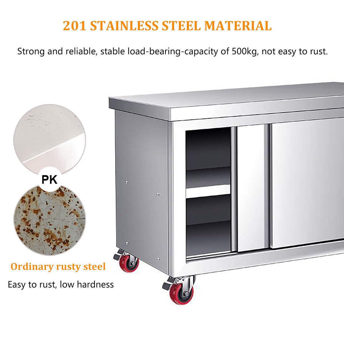 Mesa de trabajo de acero inoxidable, mesa de preparación de cocina comercial resistente con puertas correderas y ruedas, capacidad de carga de 1240 libras para uso en restaurantes y hoteles