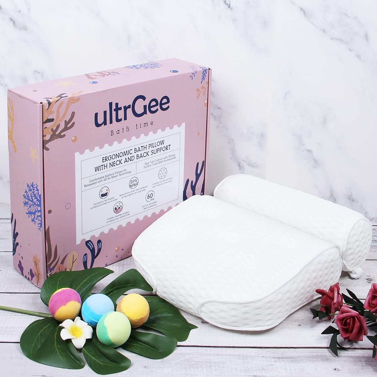 ULTRGEE Ergonomic Bath Pillow with 4 Bath Bombs Gift Set - 7 Supports for Neck and Back - Comfy Bathtub Pillows for Relaxation with 4D Technology- Spa Hot Tub Cushion Luxury Bath Accessories (White)