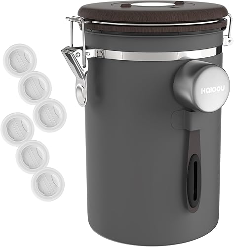 Vista 17 de HAIOOU Recipiente hermético para café, contenedor grande de almacenamiento de granos de café de acero inoxidable de 22 onzas con rastreador de Gris