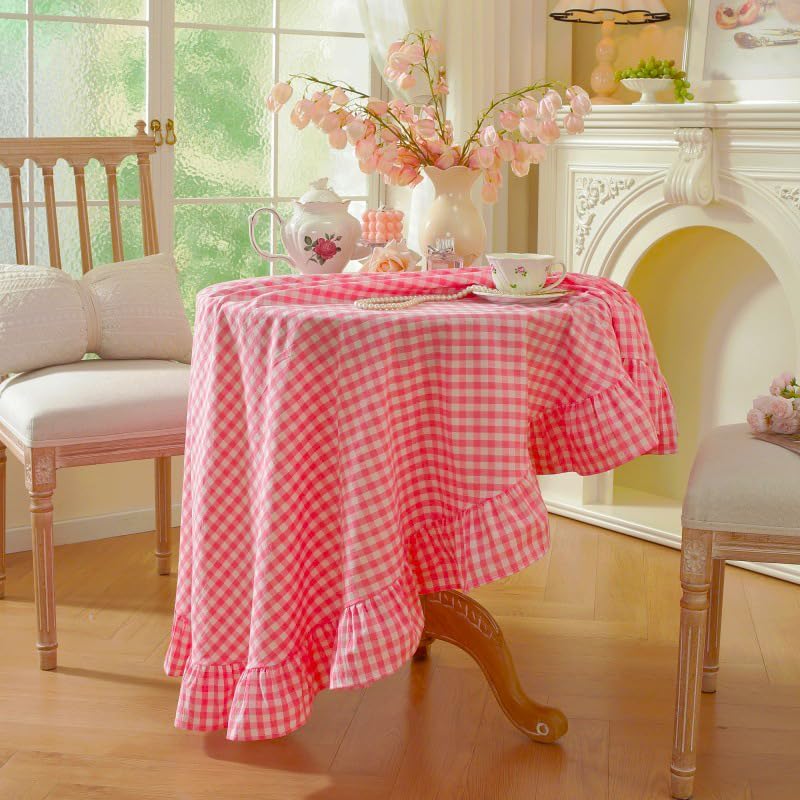 HAIRUO Cotton Round Tablecloth Farmhouse Pink Plaid Washable Tablecloth for Parties Coffee Kitchen Picnic Round Table Cloth (Pink Plaid,Round, 70")