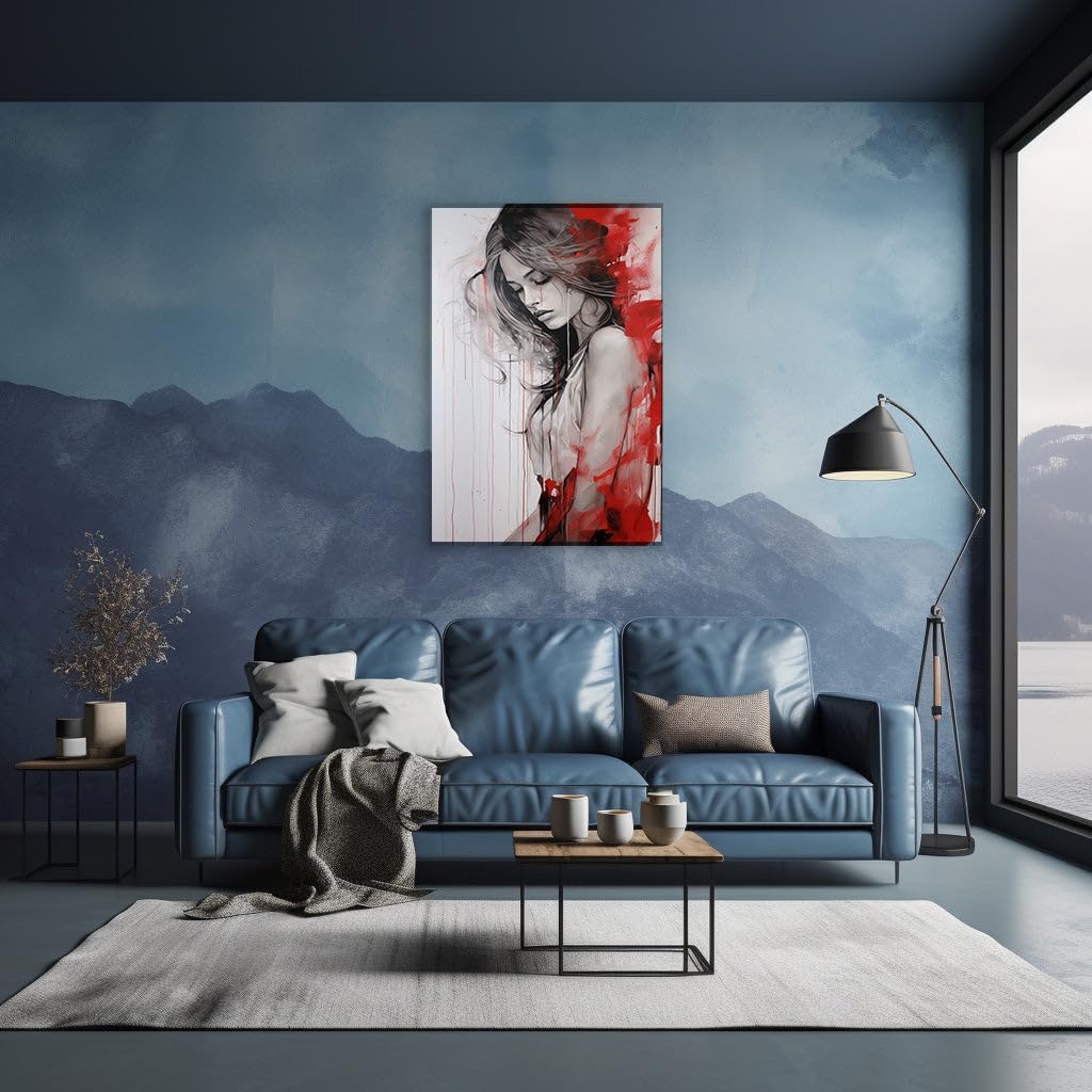 Canvas for Living room. Shades of Sorrow: The Evocative Dance of Color in a Woman's Melancholic Repose, 27 x 18 inch Canvas Wall Art - Ready to Hang - 69x46 cm (27x18 inch)