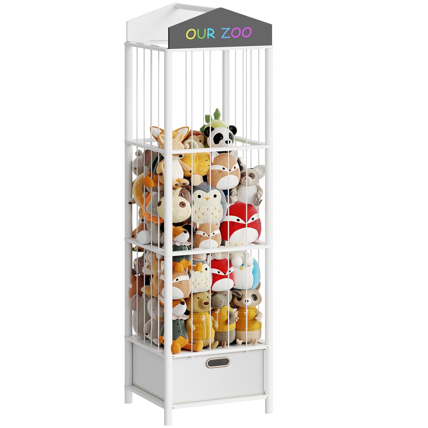 HOOBRO Stuffed Animal Storage & Organizer, Bamboo Stuffed Animal Holder with Fabric Drawer and DIY Chalkboard, Plush Toy Organizer for Playroom, Living Room, Nursery, White WT66CW01