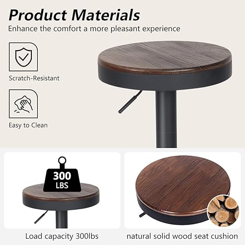 Miniatura 3 de Kidol & Shellder Juego de 2 taburetes de bar giratorios de altura ajustable, asiento redondo de madera de nogal, sillas de bar modernas sin brazos