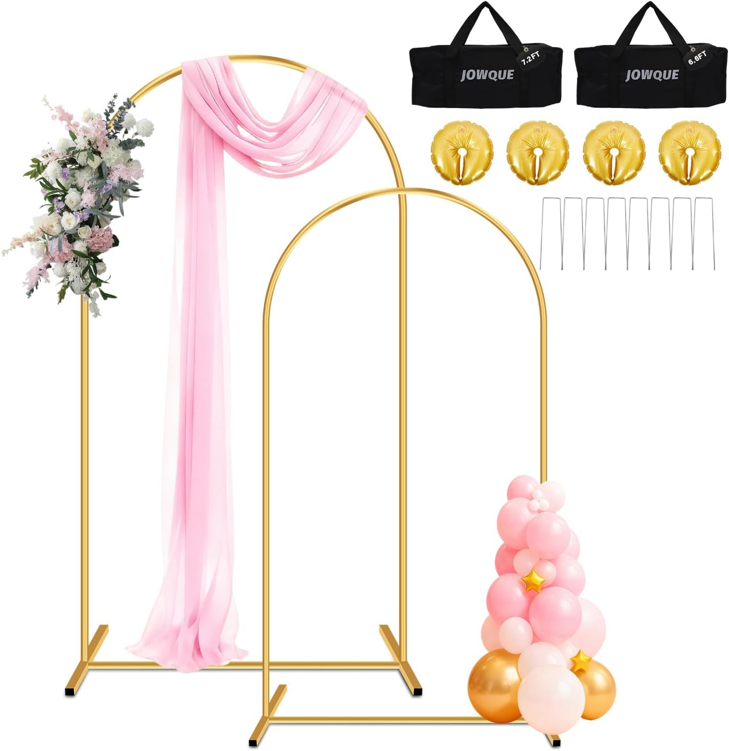 Heavy Duty Metal Arch Backdrop Stand, 7.2FT, 6.6FT, 6FT Set of 3 Gold Arch Stand with Ground Stakes and Water Bags, Balloon Arch Stand for Wedding Party Baby Shower Photo Flower Arch Decration
