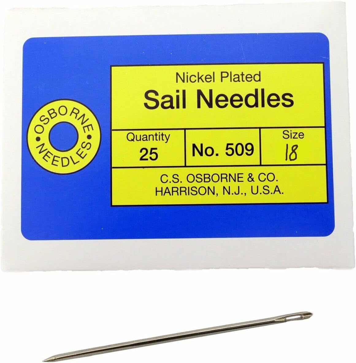 C.S. Osborne Pack of 25 Triangular Point Sail Needles #509, Size 18 Gauge