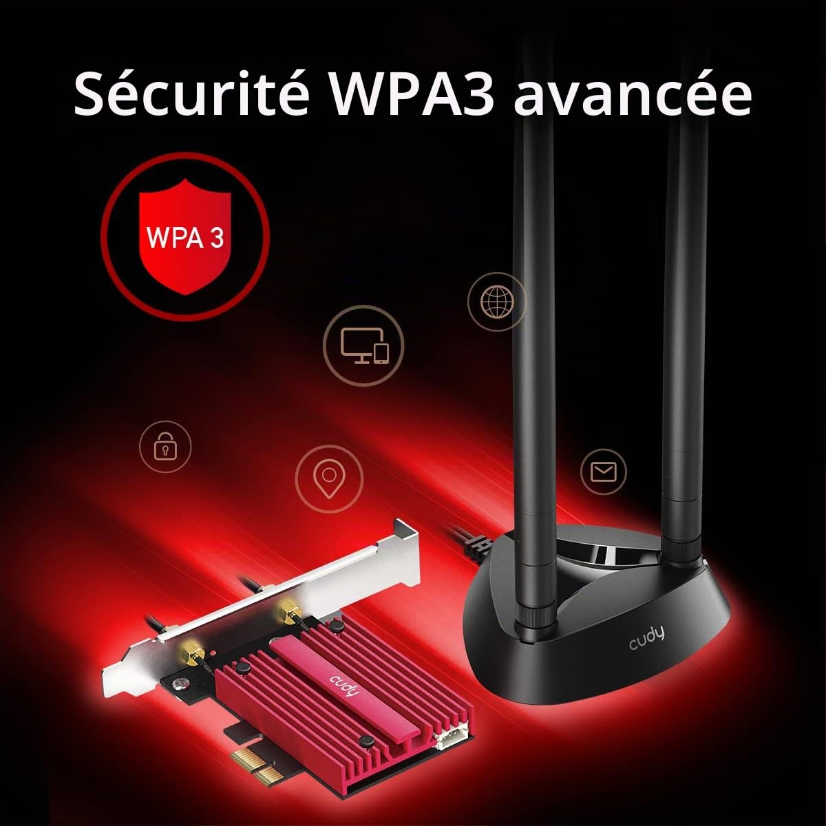 Cudy WE4000 AX5400 WiFi 6E Pcie Bluetooth 5.2 Tri-Bande Adaptateur, Wpa3, Mu-Mimo, Dissipateur Thermique, Support Windows 11/10 | Clé PCI-Express WiFi 6E BT 5.3, 2 402 574 Mbps, 6 GHz, dissipateur thermique, Intel AX210, A2DP/HFP/HSP, BLE classique bimode