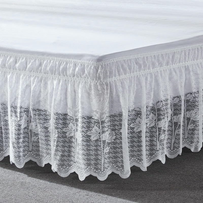 Jupe de lit en Dentelle Blanche, Jupe de lit Anti-poussière, modèle Enveloppant avec élastique Ajustable, Douce et Respirante
