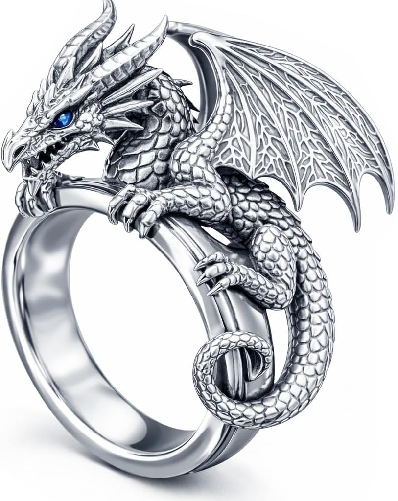 Men's Dragon Ring Size 10 - Gothic Fantasy Jewelry for Men - Cool Punk Biker Signet Ring - Mens Dragon Band Ring Stainless Steel - Unique Dragon Statement Rings Birthday Gift for Him