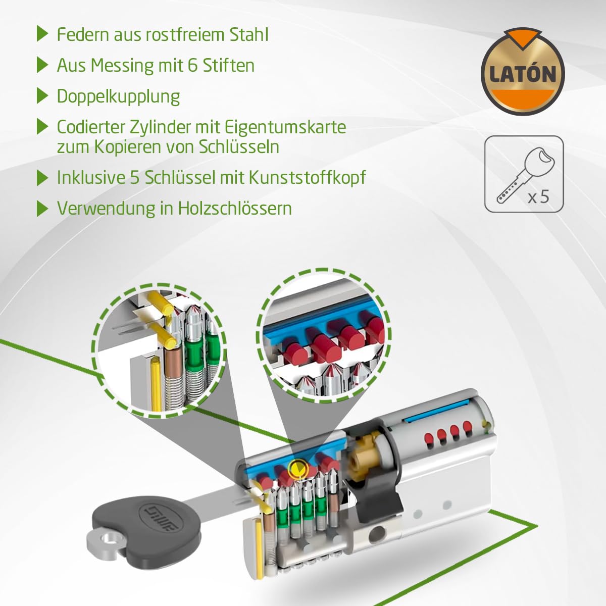 Amig - Profilzylinder 90 mm (30/60) mit 5 Schlüsseln & Code-Karte - Türzylinder aus Messing - Bohr- & Ziehschutz - Bump- & Picking-Schutz - Not- & Gefahrenfunktion - Mattgold - Mod. 10.000