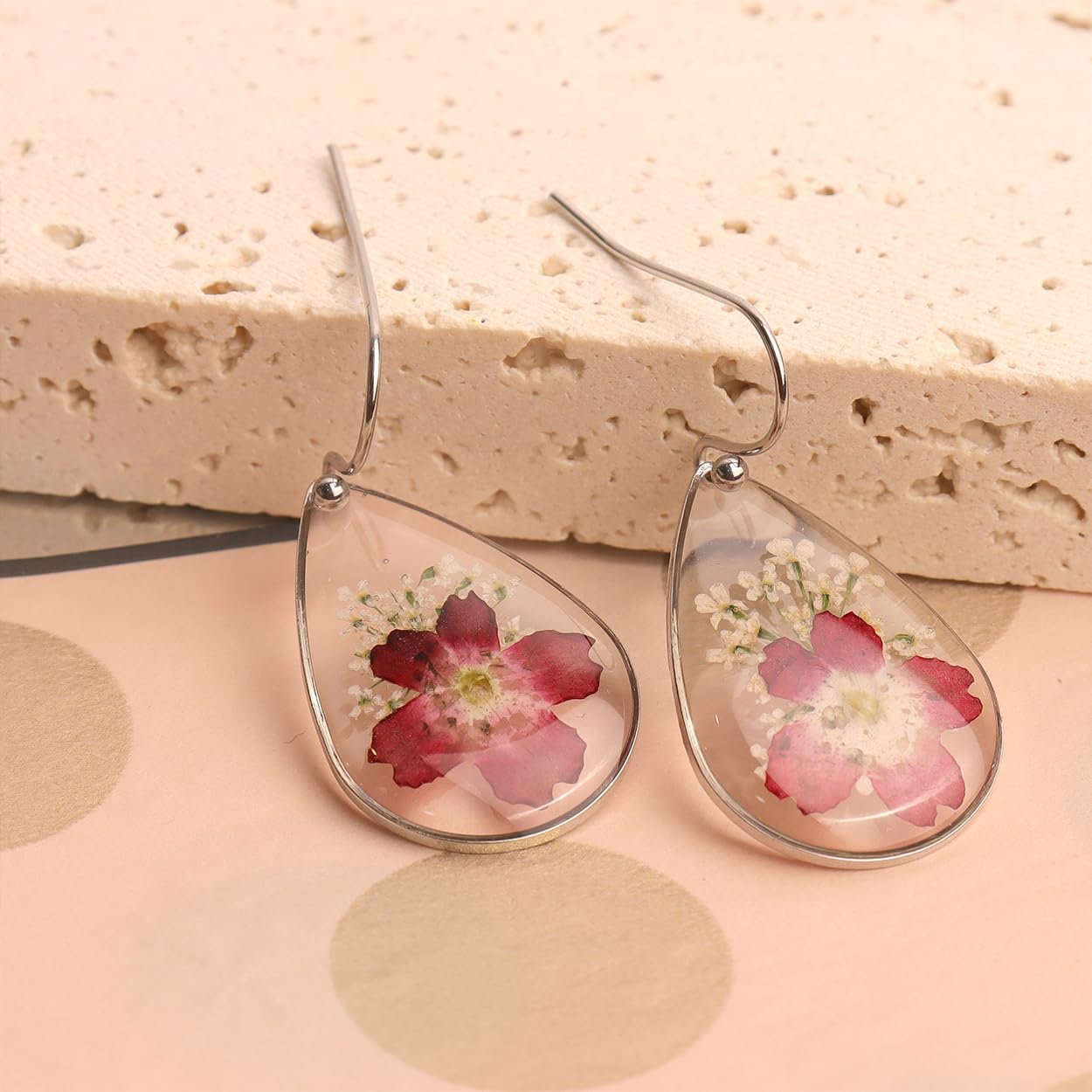 Jean Beau 925 Sterling Silver Pressed Flower Earrings for Women, Handmade Hypoallergenic Resin Dried Flower Teardrop Dangle Earrings, Nature Floral Jewelry Gift for Mom and Wife - Image 6