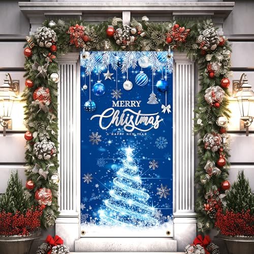 Blue Christmas Decorations Banner, 6x2.9FT Blue and Silver Christ...