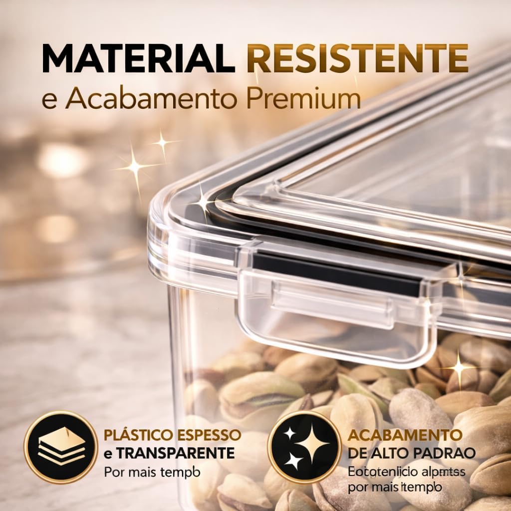 Kit 15 Potes Herméticos para Armazenamento de Alimentos, BPA Free, Plástico PP, com Travas Laterais e Vedação em Silicone, Empilháveis para Organização de Cozinha Linha Gourmet Premium — close-up com fundo desfocado em tons quentes/dourados e efeito bokeh, realçando detalhes do pote. Kit 15 Potes Herméticos para Armazenamento de Alimentos, BPA Free, Plástico PP, com Travas Laterais e Vedação em Silicone, Empilháveis para Organização de Cozinha Linha Gourmet Premium — close-up com fundo desfocado em tons quentes/dourados e efeito bokeh, realçando detalhes do pote.