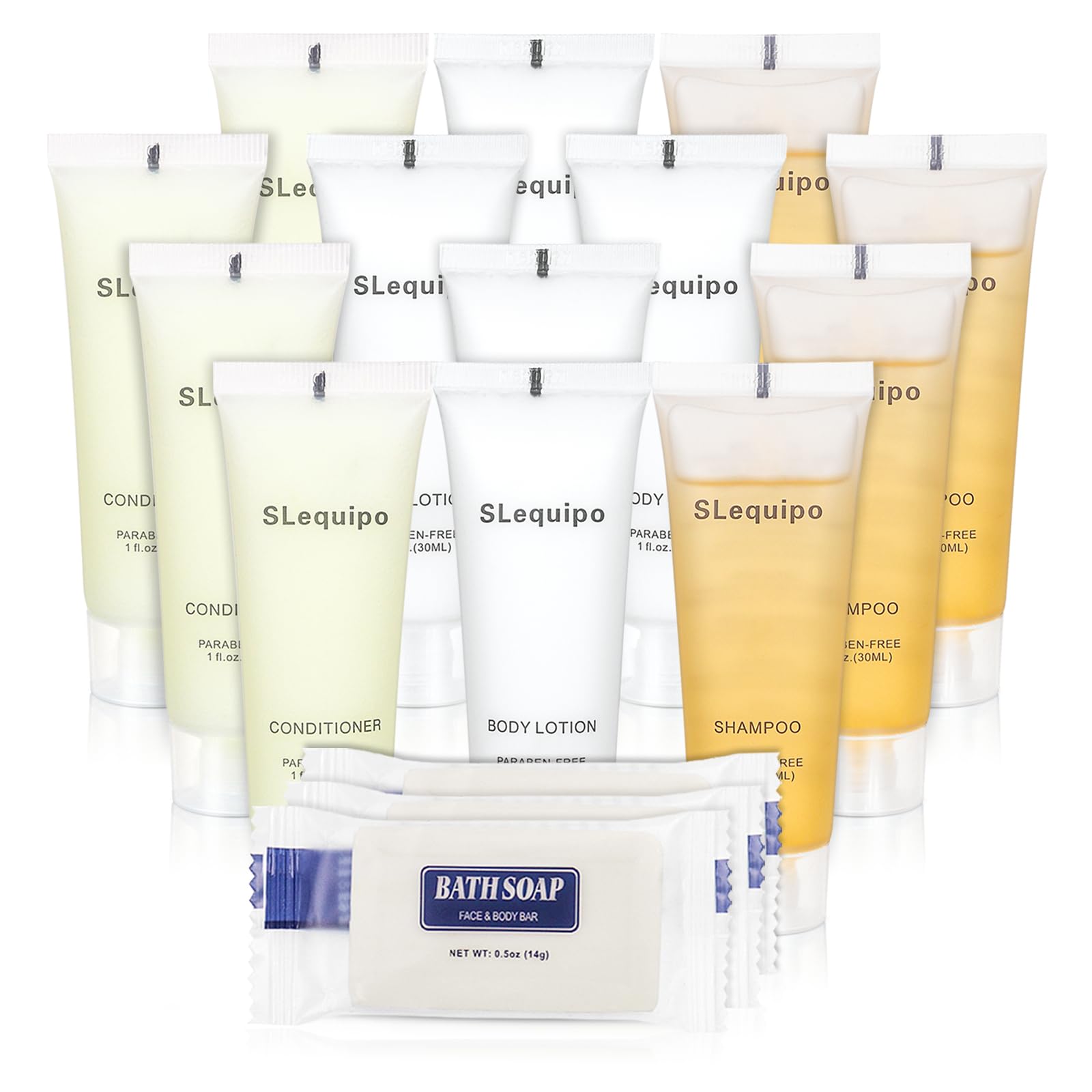 SLequipo 4-IN-1 Hotel Toiletries Bulk Set (200PCS) 4-Piece Set: 50 Hotel Bar Soap 0.5oz, 50 Hotel Shampoo, 50 Conditioner Travel Size, 50 Hotel Body