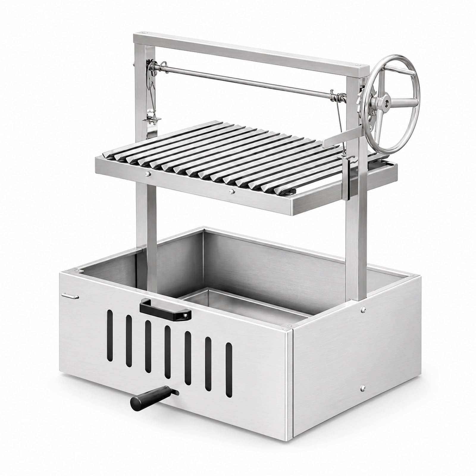 Grill Santa Maria Stile Argentino - Griglia a V - Acciaio Inox | Griglia a V regolabile, la manovella cambia la distanza dalla brace, adatta a bistecche, spiedini e barbecue a carbonella