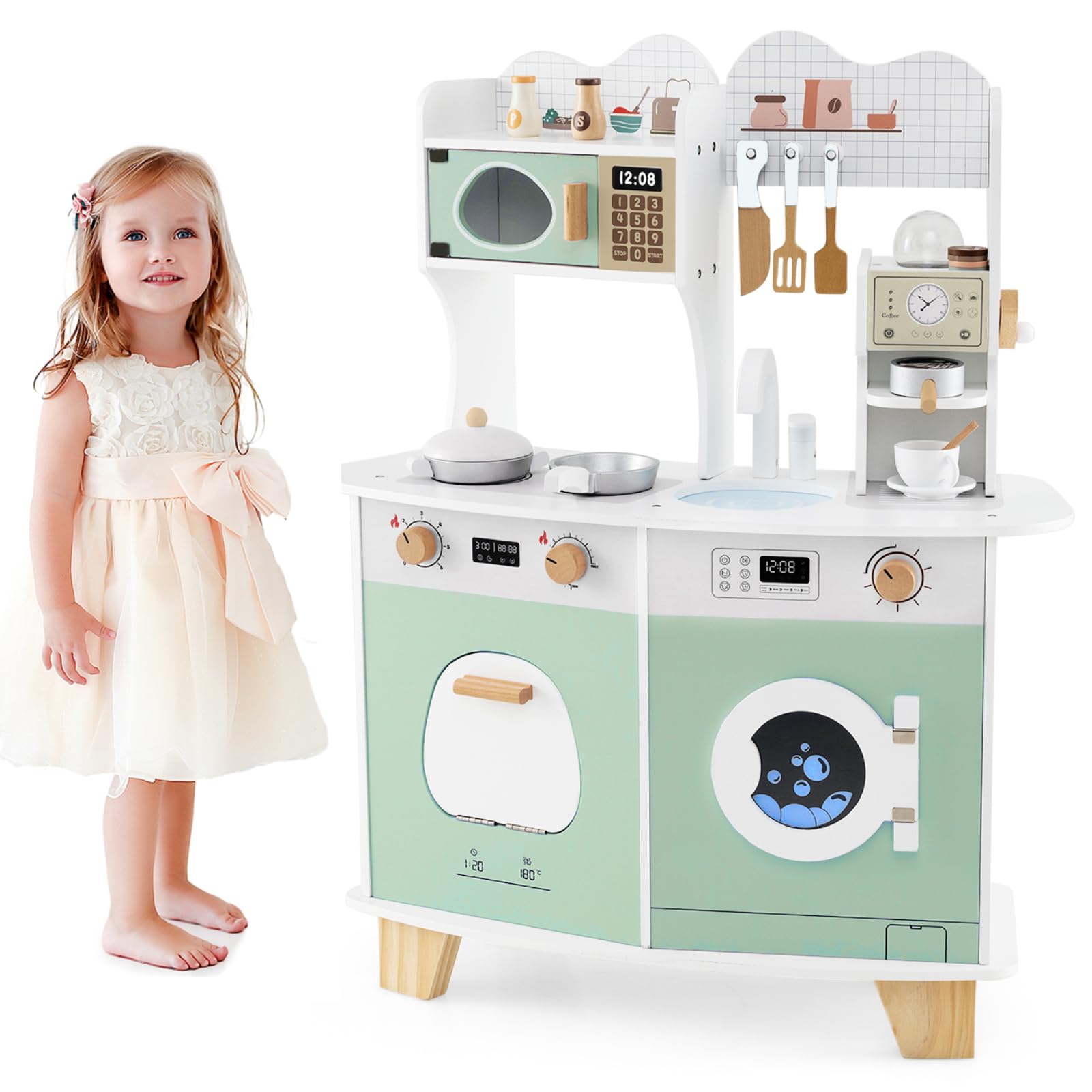 Maxmass Wooden Kids Play Kitchen, Toddler Role Play Kitchens with Coffee Maker, Microwave, Oven, Washing Machine, Accessories, Children Pretend Kitchen Cooking Playset for 3+ Years Old (Green)
