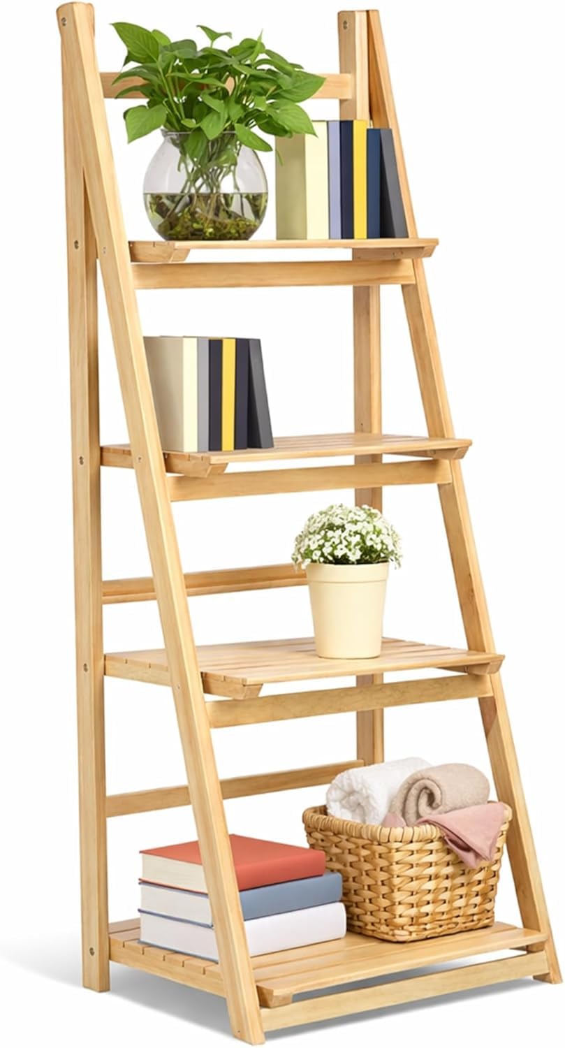 ZMR SHOP CRAFT Wooden Ladder Shelf, 4-Tier Narrow Shelf, Plant Stand Free Installation Display Shelf, Organiser Flower Plant Stand for Living Room, Kitchen and Bathroom
