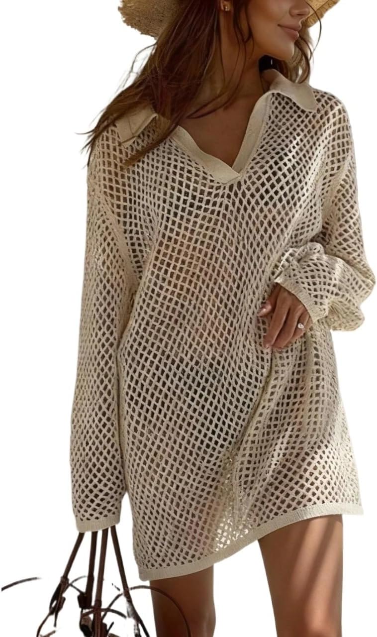 Solid Knit Beachdress Women's Summer Sexy Hollow Out Long Sleeve Swimsuit Cover Up Loose Beachwear cover ups for swimwear