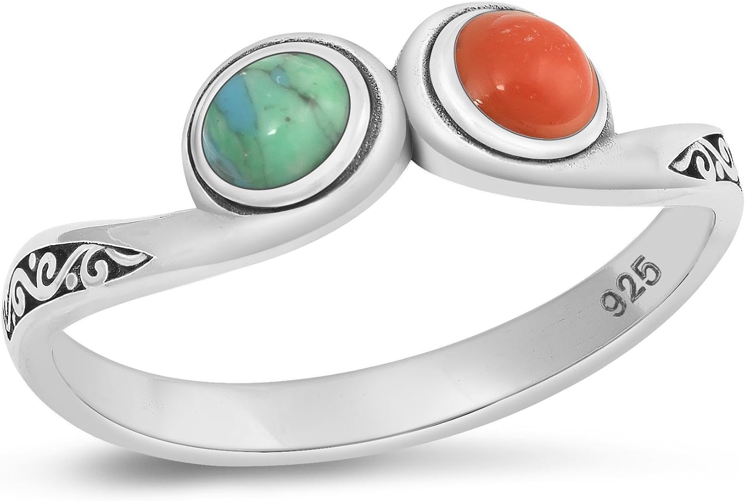 Simulated Turquoise & Red Simulated Coral Ring New 925 Oxidized Sterling Silver Band Sizes 5-10