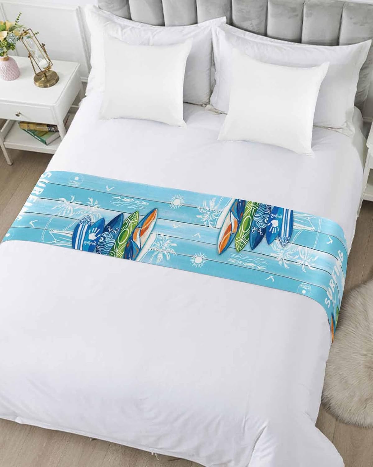 Smile Sunflower Bed Runner Scarf Summer Surfing Bedding Scarf Decorative Bed Runners Cover for Home Bedroom Hotel Wedding Room Bed Scarf for Foot of Bed King 102x20in