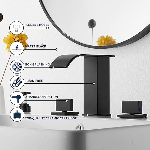 Miniatura 5 de Grifo de baño negro mate extendido GGStudy 3 agujeros 2 manijas cascada negra moderna grifo de lavabo de baño con drenaje desplegable