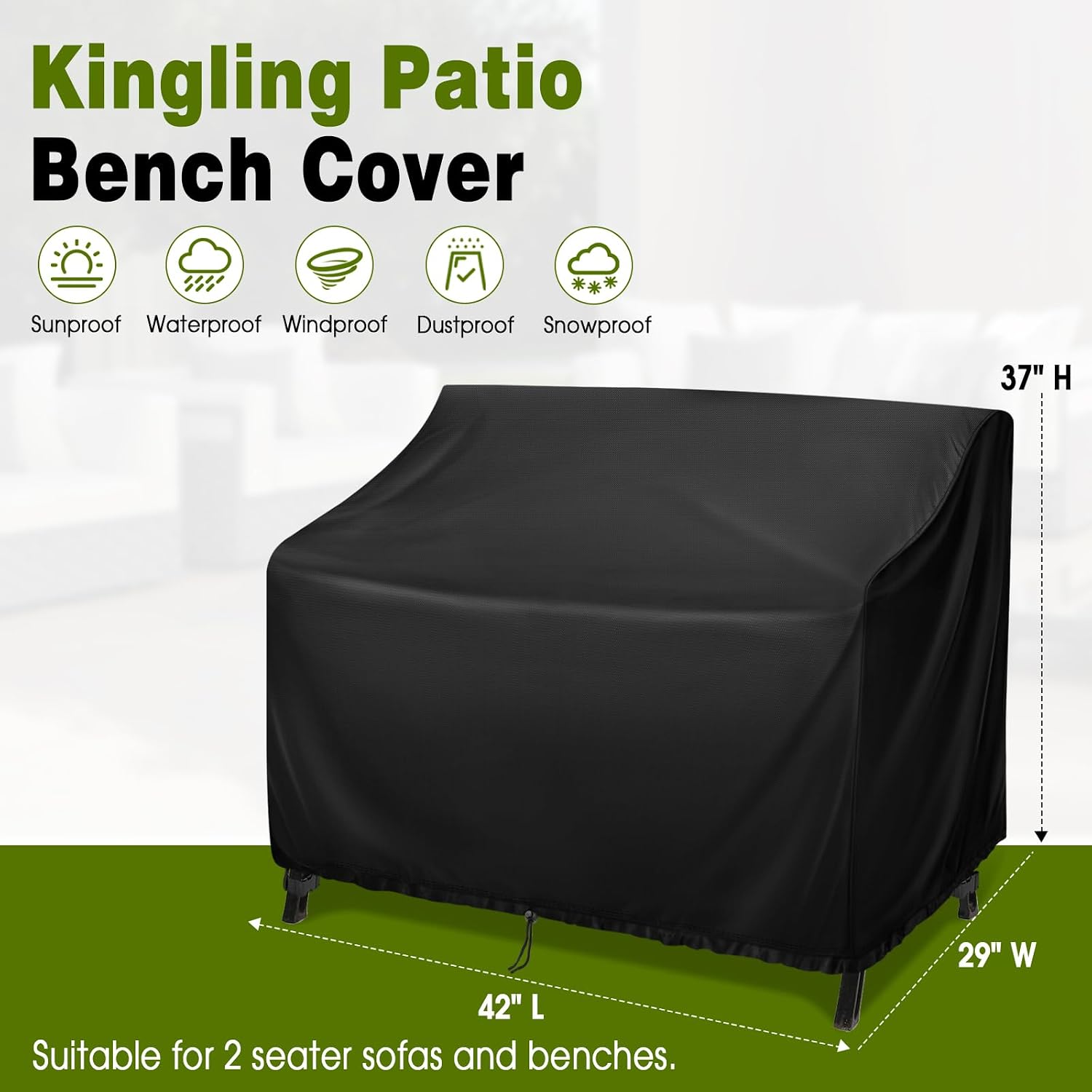 Kingling Outdoor Bench Covers 42 Inch-42" W x 29" D x 37" H Black image 2