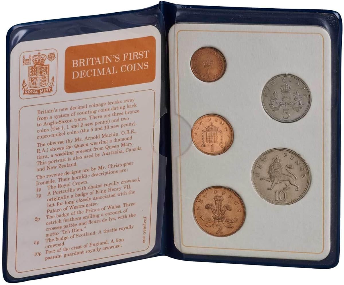 Las primeras monedas decimales de Gran Bretaña – Juego de 5 monedas (1968-1971) de The Royal Mint | Colección histórica de monedas decimales del Reino Unido | Incluye álbum de coleccionista con historia y detalles