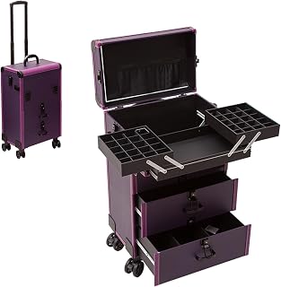 4 Wheel Professional Makeup Cosmetic Case with Drawers Multifunctional Cosmetic Case Large Trolley, Purple