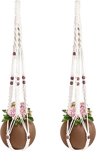 Miniatura 8 de Elegante colgador de plantas de macramé con cuentas de madera y gancho hecho a mano para plantas de interior sin borlas soporte decorativo para