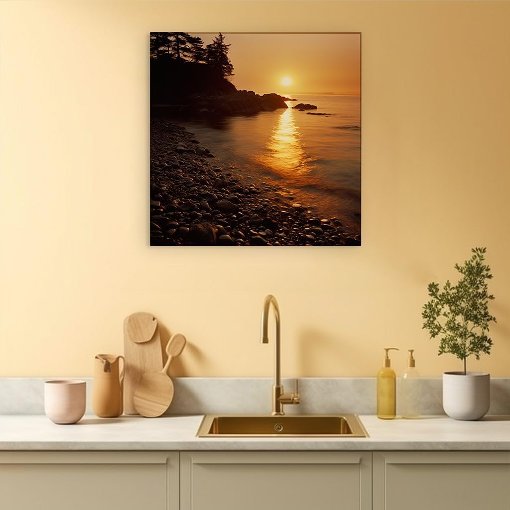 Canvas for Living room. Sunset Serenity on a Rocky Seashore, 27 x 18 inch Canvas Wall Art - Contemporary Masterpieces - Modern Home Decor