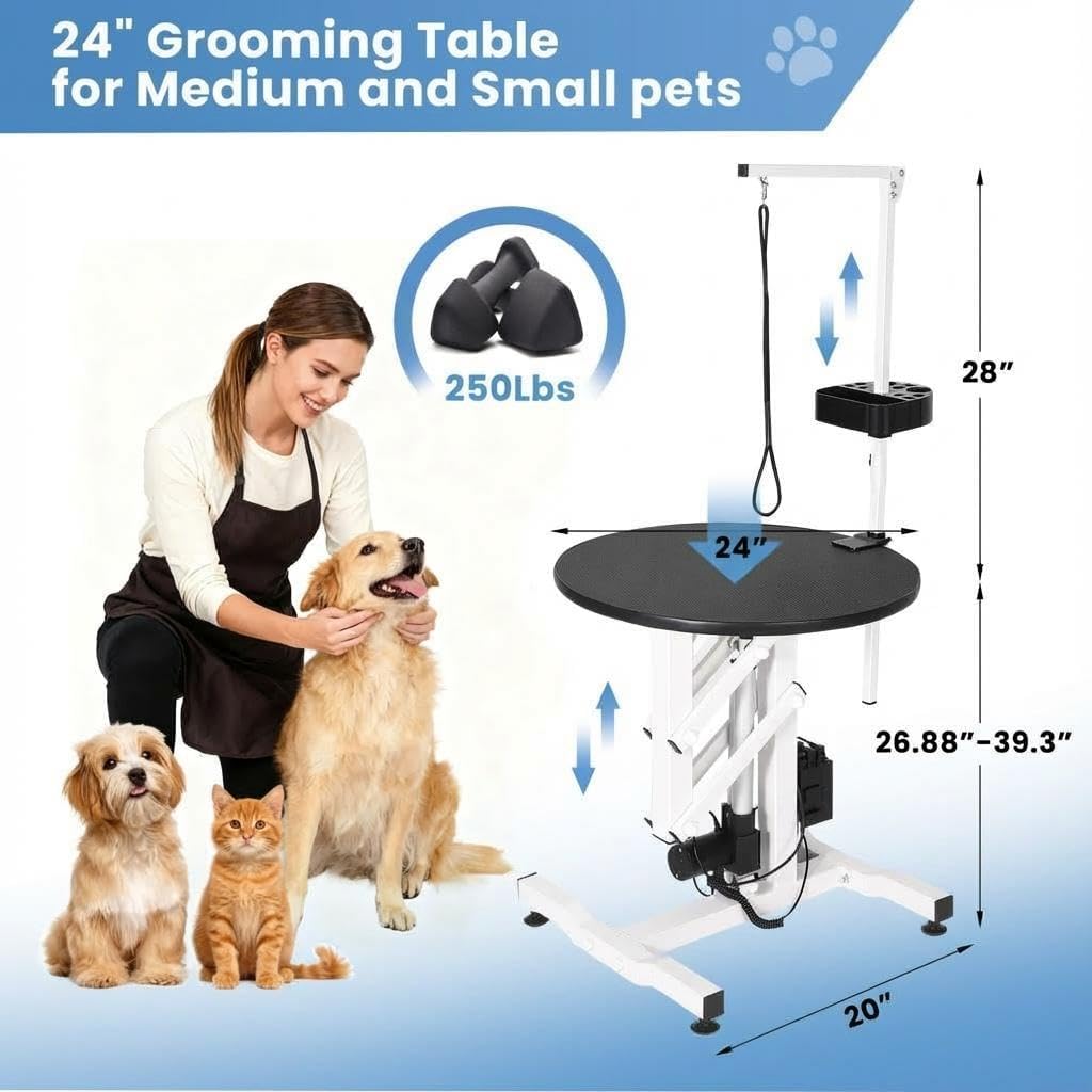 24 Inch Electric Dog Grooming Table with Rotating Desktop, Adjustable Overhead Arm & Foot Remote, 250lbs Heavy Duty Pet Grooming Station for Small Dogs Cats at Home or Salon