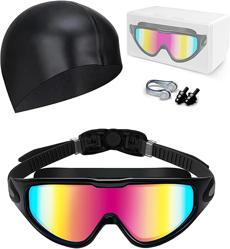 Miniatura 11 de Gafas de natación antivaho anti UV, visión amplia y sin fugas, gafas de natación y gorro de natación para hombres, mujeres, adultos y jóvenes Negro