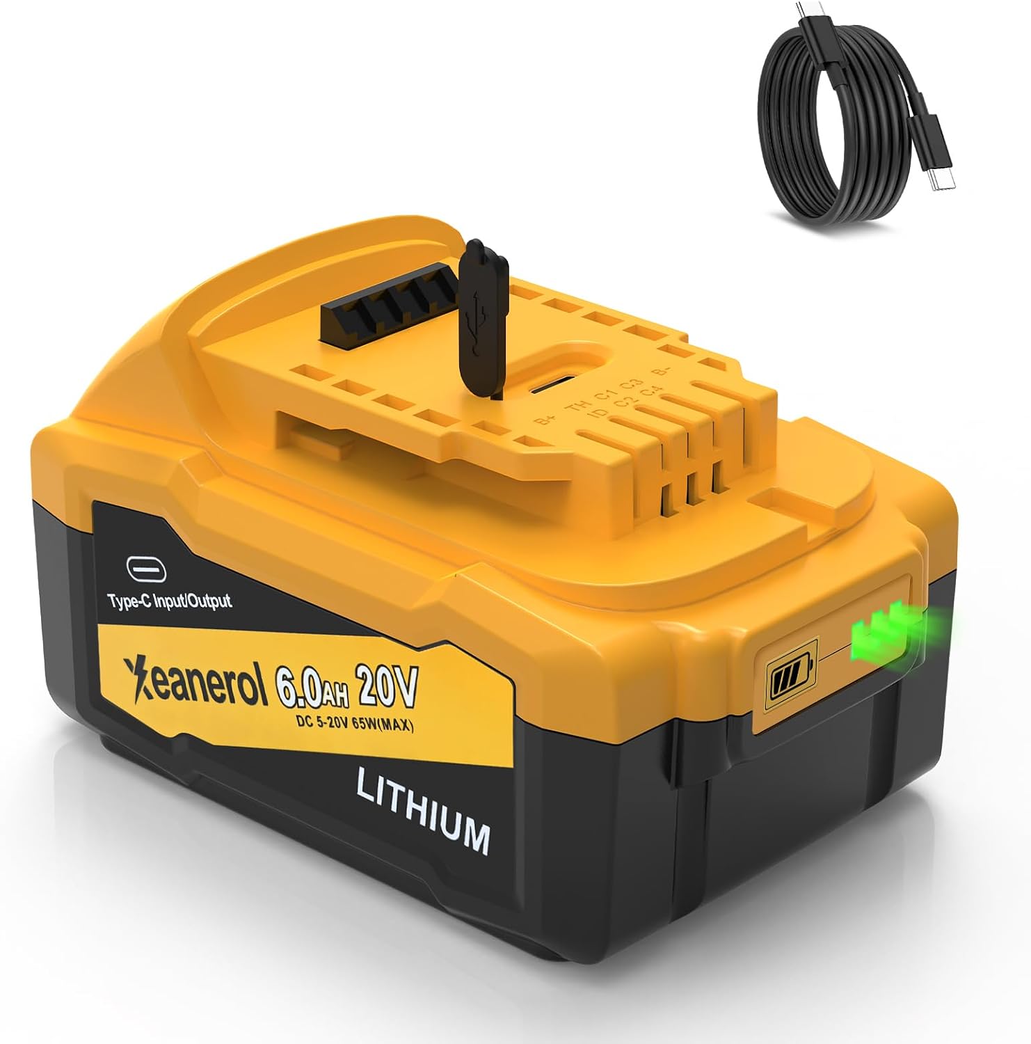 20V MAX 6.0Ah Replacement for Dew 20v Max Battery 65W with USB C Input/Output Port, 20V 6000mAh Lithium ion Battery Compatible with All Dew Cordless Tools, with USB C Power Adapter