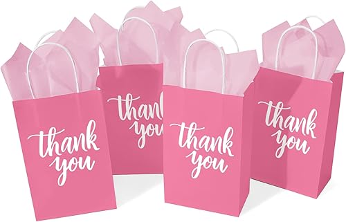 Miniatura 2 de DjinnGlory Paquete de 50 pequeñas bolsas de regalo de papel rosa con asas y 24 hojas de papel de seda para pequeñas empresas, compras, bodas, baby