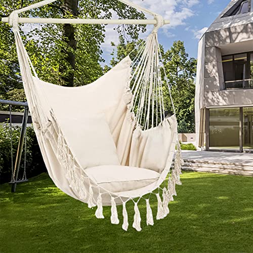 Hanging Hammock Chair Swing Indoor- Patio Outdoor Rope Hanging Chairs Sturdy & Safe For Bedroom Decor Or Camping Gear,Max 330 Lbs,2 Comfort Cushions Included For Kids Girls,Easy To Assemble,Beige #TOP3
