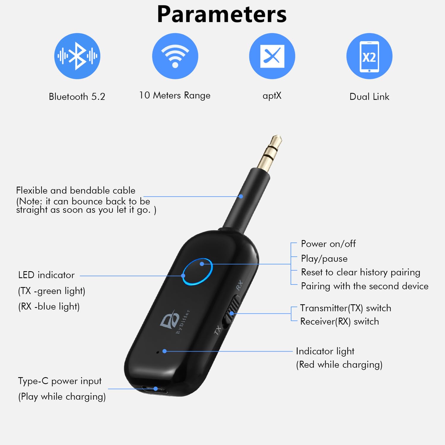 Transmetteur audio Bluetooth 5.2 pour TV, émetteur de casque Bluetooth, 2 connexions appareils BT, prise auxiliaire de 3,5 mm, adaptateur casque pour voiture/home stéréo, noir