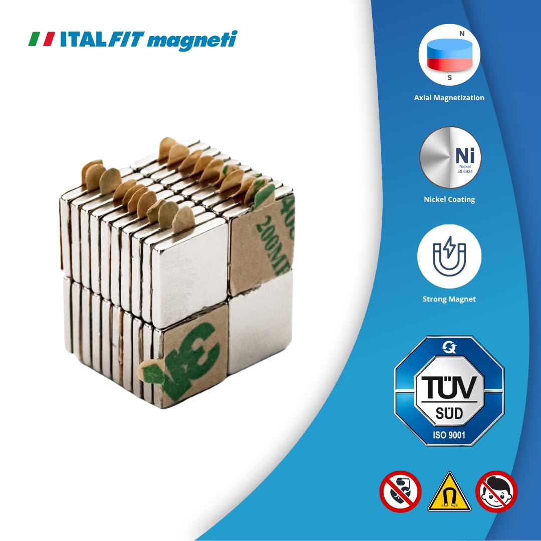 ITALFITMAGNETI | 40 pièces - Bloc Magnétique en Néodyme Force 0,94 Kg Longueur 10 mm x Largeur 10 mm x Épaisseur 1,5 mm avec Adhésif | Aimants adhésifs avec film adhésif