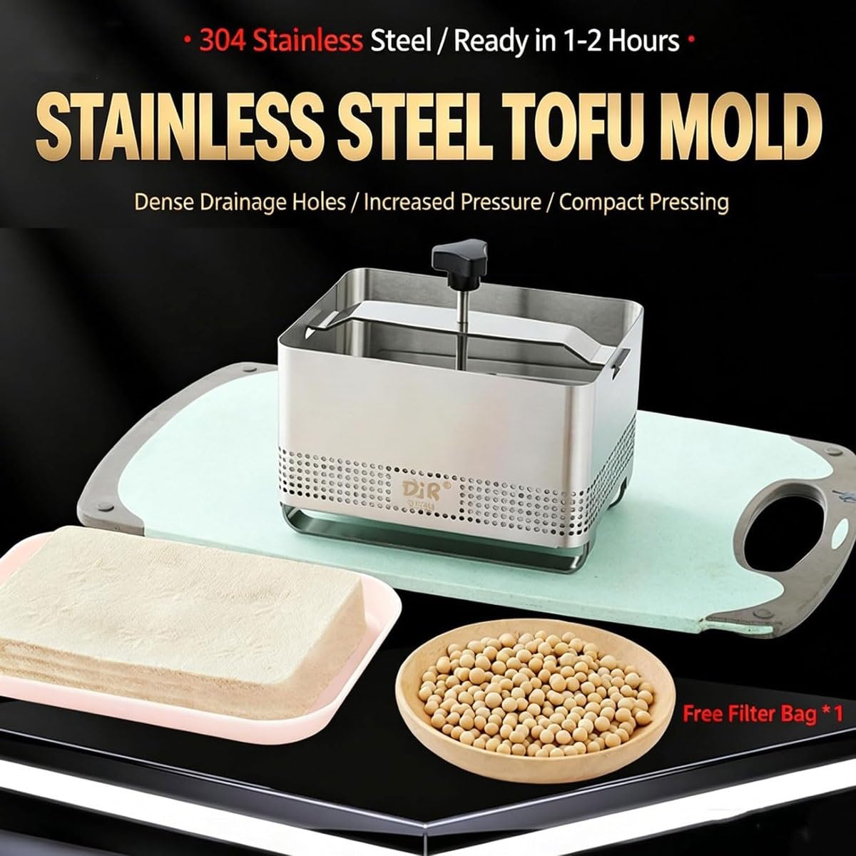 Kommerzielle Tofu-Pressform, Tofu-Presse, Paneer-Maker mit Tofu-Presstuch und Abtropfschale, verdickter 304 Edelstahl und abnehmbar zur einfachen Reinigung, für Küchen, Lebensmittelwerkstätten