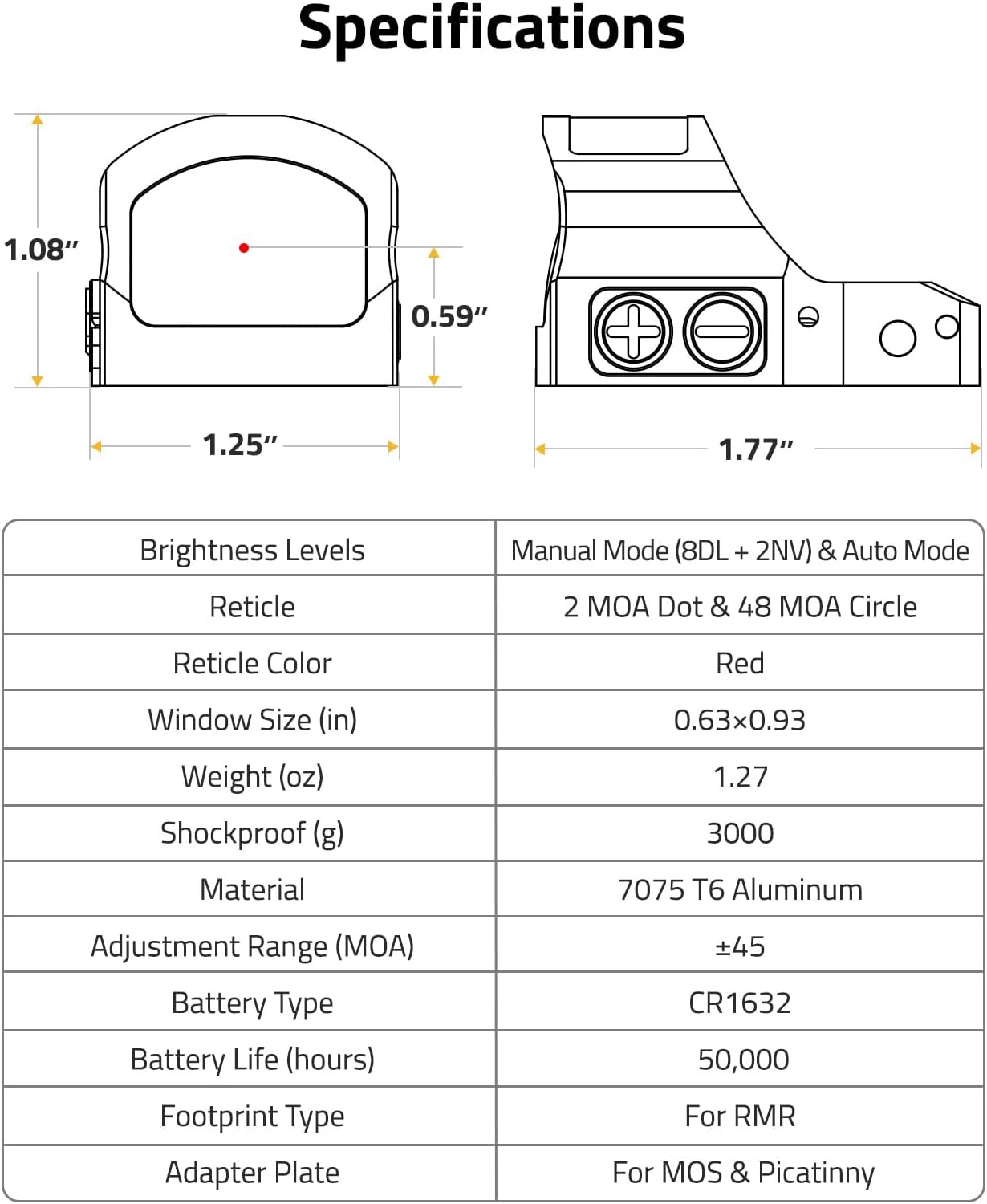 CVLIFE WildHawk X Solar Auto Brightness Red/Green Dot Sight for RMR & Full-Sized Setups, 2 MOA Dot & 48/32 MOA Circle Open Reflex Optics, Motion Awake 3000G Shockproof with Adapter for MOS & Picatinny