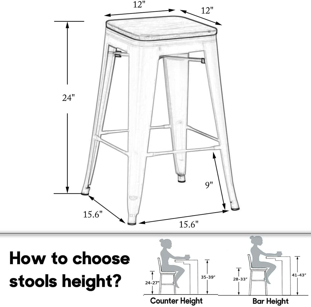 HAOBO Home 24" Backless Metal Counter Stool Height Bar Stools [Set of 4] Barstools with Wooden Seat, Silver