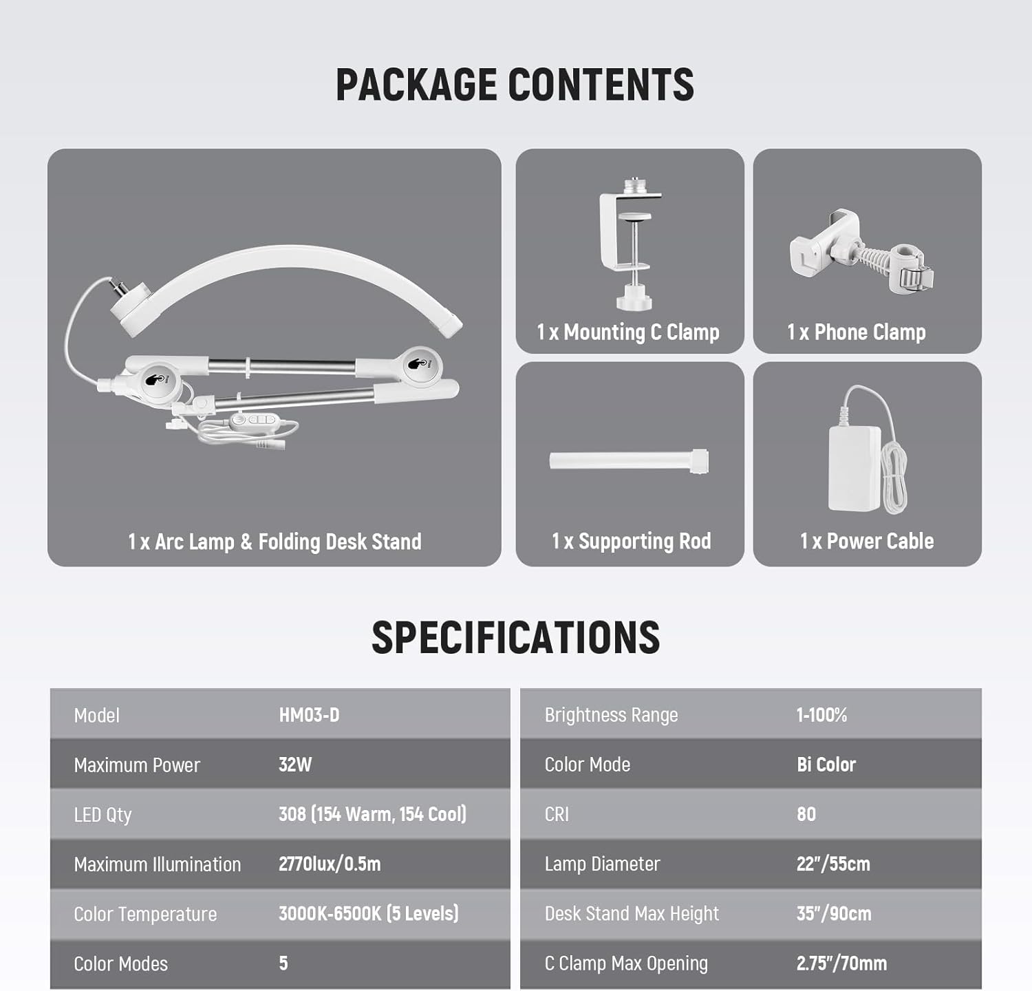 NEEWER Basics 22" Half Moon Lash Light with Articulating Desk Clamp Mount Stand/Phone Holder, 32W Foldable LED Nail Tech Table Arc Lamp for Makeup Beauty Tattoo Overhead Video Recording, HM03-D