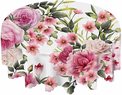 Miniatura 5 de Yibeas Mantel redondo de rosas de 60 pulgadas, diseño de flores de peonía rosa, ramo de hojas de brote, manteles elegantes para mesas redondas,