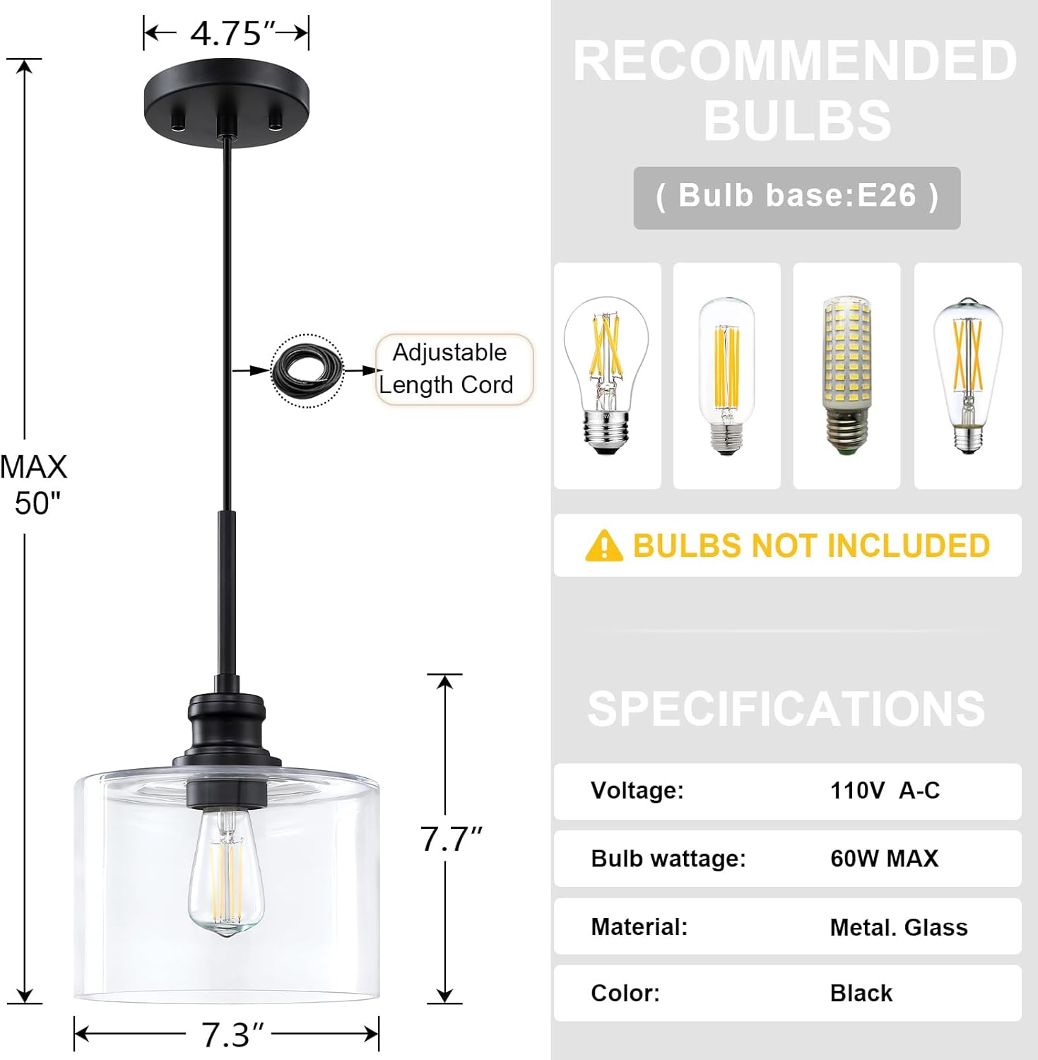 2 Pack 1 Light Hanging Rod Indoor Kitchen Island Pendant Ceiling Light 7.3" Clear Drum Glass Shade Fixture,Black Finish Farmhouse Bedroom Over Sink Hallway