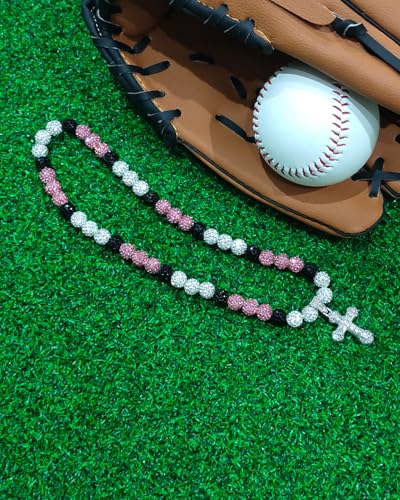 Baseball Necklace for Boys Men 18 Inch Bling Ice Collection Cross Pendant Necklace for Women Rhinestone Clay Beaded Discoball Accessories Gifts for Baseball Team Players Lovers-White/Pink/Black — view 3