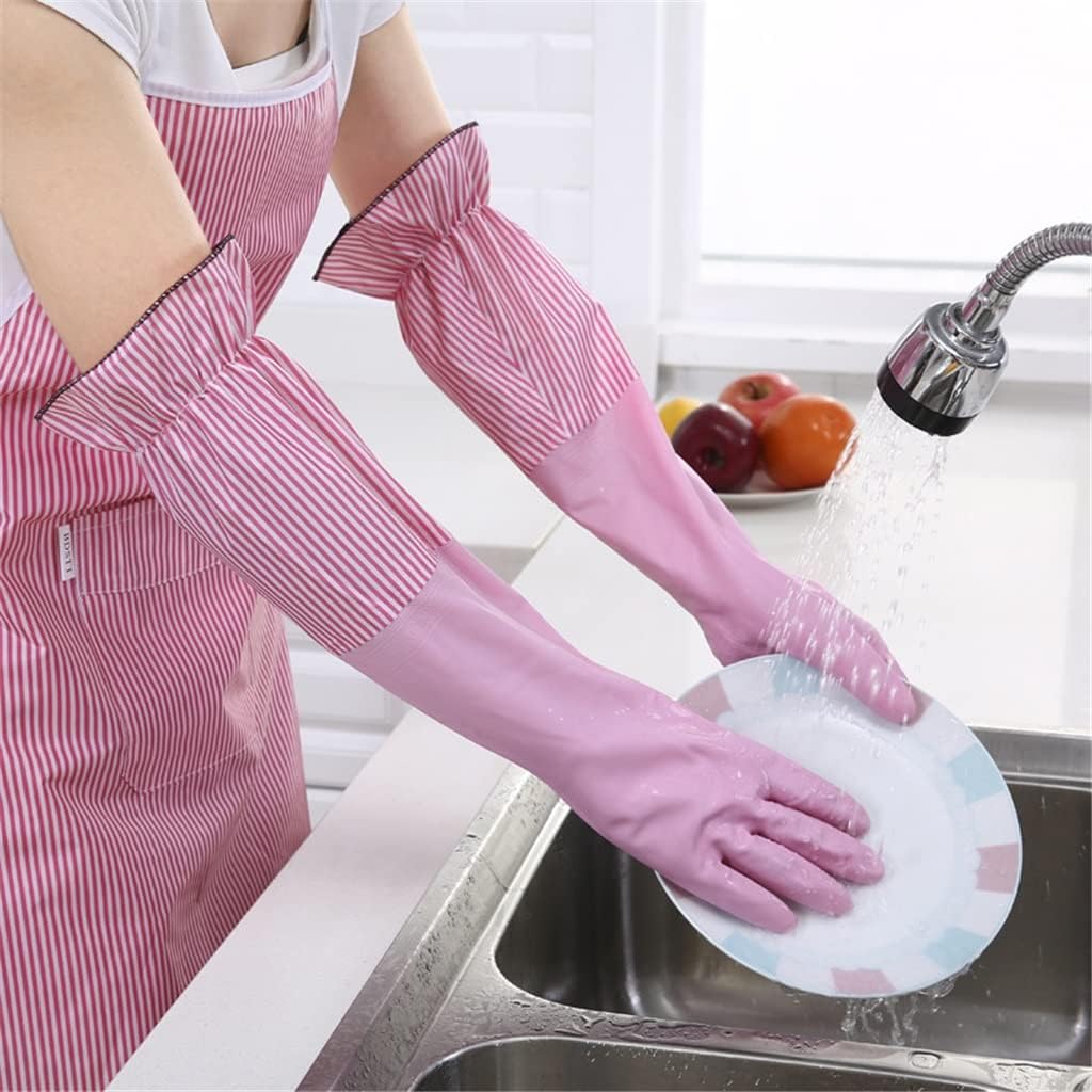 1Pair PVC Rubber Gloves for Kitchen Dishwashing Clean Tool Warm Long Velvet Work Safety Accessories