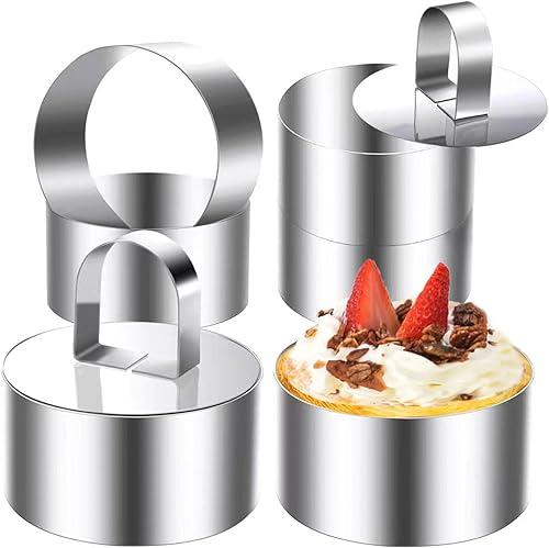 DATANYA Round Cake Ring Molds, 3 Inch Stainless Steel Cooking Crumpet Rings with Pushers 3 ‘’ Food Ring Molds for Tuna Tartare, Dessert Baking (6