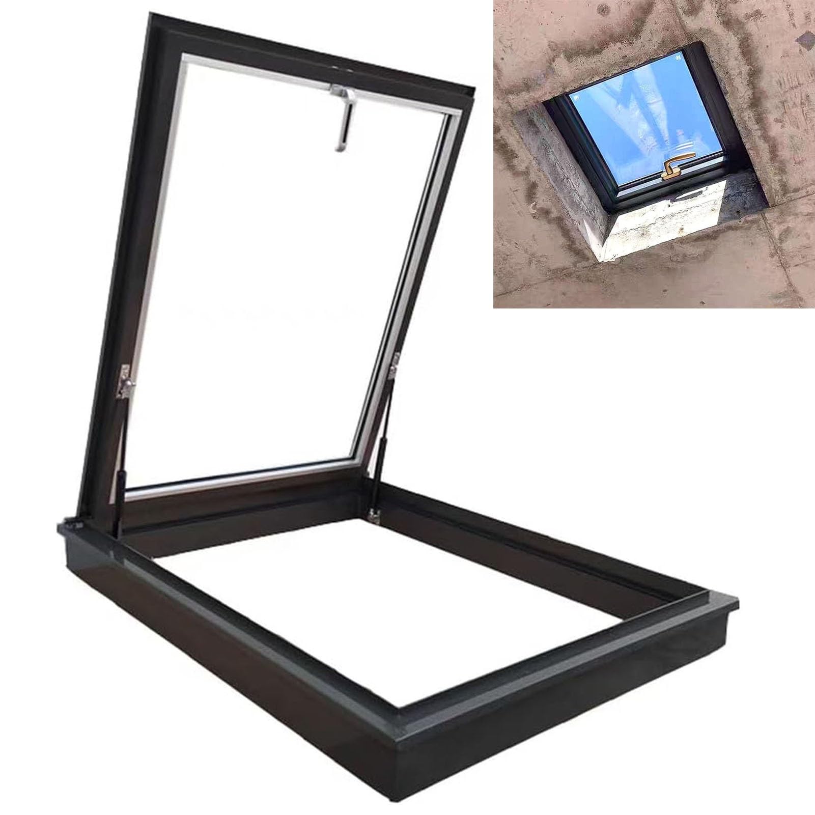 Luk sufitowy, świetlik dachowy z klapką, szkło izolacyjne, ręczny odpowietrznik, niestandardowy stop aluminium i szkło, 70 x 55 cm (27,6 x 21,7 cala) - idealny do naturalnego światła i wydajności