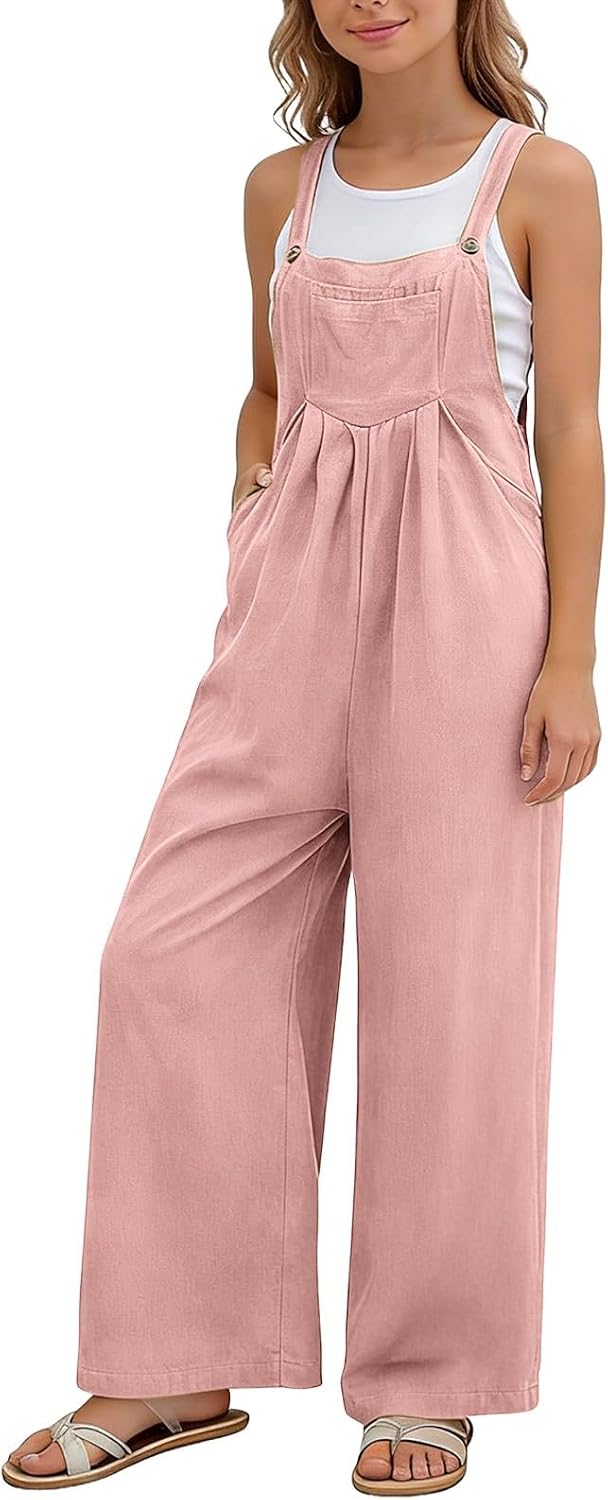 Girls Cotton Linen Overalls Casual Sleeveless Wide Leg One Piece Jumpsuit with Pockets Teen Trendy Baggy Beach Vacation